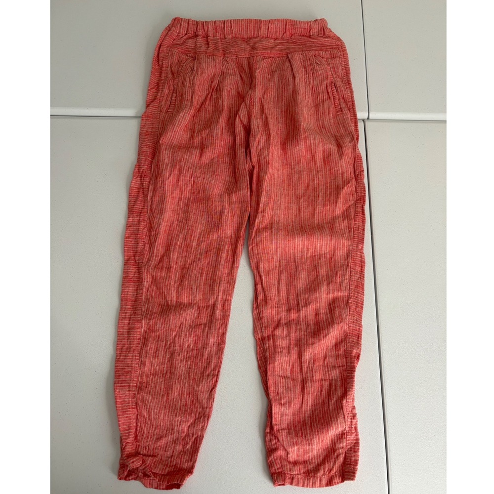 Anthropologie Linen Pants XS Coral Red Striped Elastic Waist Boho Summer a5